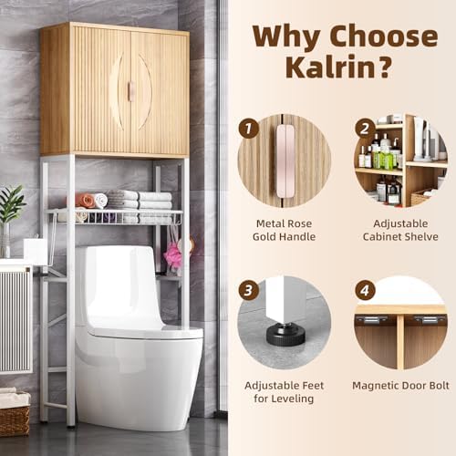 Kalrin Over The Toilet Storage Cabinet with Fluted Wave Doors and Adjustable Shelf, Wood Over Toilet Storage Rack with Drain Basket, Freestanding Bathroom Organizer for Balcony Laundry, Wood & White - Image 4