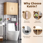 Kalrin Over The Toilet Storage Cabinet with Fluted Wave Doors and Adjustable Shelf, Wood Over Toilet Storage Rack with Drain Basket, Freestanding Bathroom Organizer for Balcony Laundry, Wood & White - Image 4