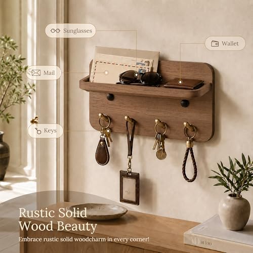 Key Holder Wall Mount, Solid Wood Key Holder for Wall with 4 Brass Hooks & Hidden Magnets, 15° Incline Hooks & Grooved Design to Prevent Slipping, Vintage Brown Key Hanger - Image 2