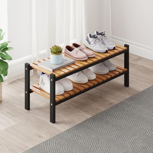 Bamboo Shoe Rack Organizer for Closet and Entryway - Space-Saving Narrow Shoe Stand - Versatile Shoe Holder for Door or Closet Shelf, Garage Bedroom can Freely Stack DIY Small Shoe Racks 2 Tier by ZHUTIANXIA