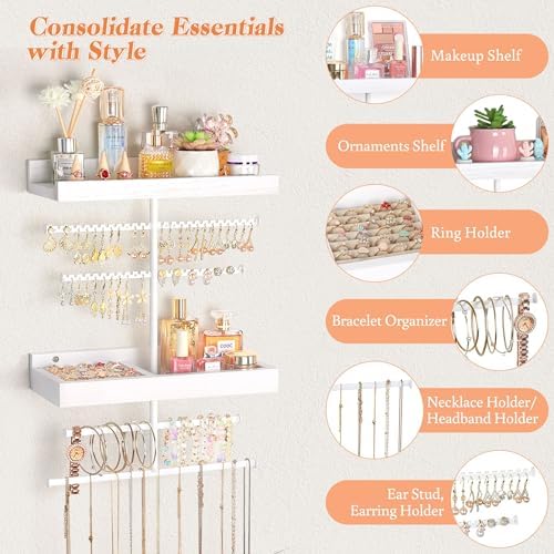 Keebofly Wall Mounted Jewelry Organizer with 2 Tired Shelves & Ring Holder- Jewelry Holder Wall Storage Display for Earrings, Necklace, Bracelet, Hair Accessories for girls in Bathroom Bedroom, White - Image 3