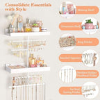 Keebofly Wall Mounted Jewelry Organizer with 2 Tired Shelves & Ring Holder- Jewelry Holder Wall Storage Display for Earrings, Necklace, Bracelet, Hair Accessories for girls in Bathroom Bedroom, White - Image 3