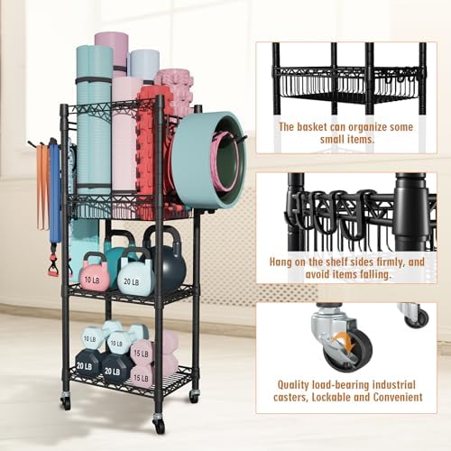 FUTASSI Home Gym Storage, 3 Tiers Workout Equipment Organizer with Wheels for Yoga Mats, Foam Roller, Dumbbells, Kettlebells, and Resistance Bands - Image 2