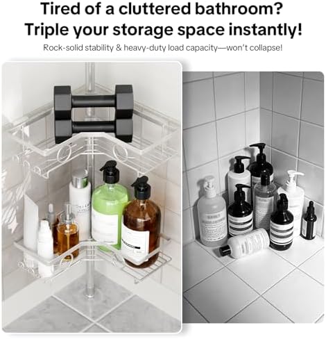 Corner Shower Caddy Tension Pole, 4 Tier Rustproof Shower Tension Rod Organizer with Soap Holder & Hooks, Adjustable 30-121 Inch Bathroom Shelf for Renters - Family Stand Storage Rack, Silver - Image 6
