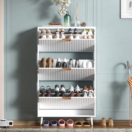 Shoe Cabinet Storage,Modern Freestanding Organizer with 3 Flip Drawers,Narrow Shoe Rack Cabinet for Entryway,White by QIVOMIX