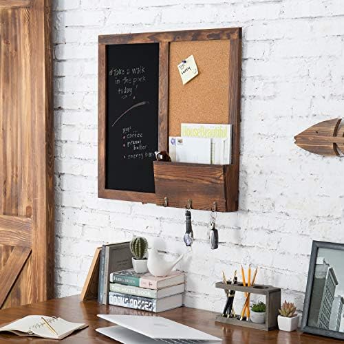 MyGift Rustic Dark Brown Wood Wall-Mounted Chalkboard with Cork Board, Mail Sorter, & Key Hooks - Image 4