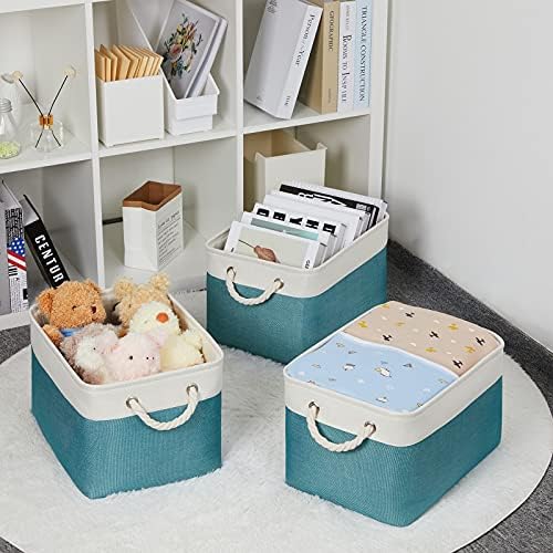 Bidtakay Basket Storage Bins with Handles Fabric Large Storage Baskets for Organizing Set of 3 Collapsible Rectangular Basket for Shelves Closet Organizer 15 X 11 X 9.5 Inches(White&Teal Blue) - Image 5