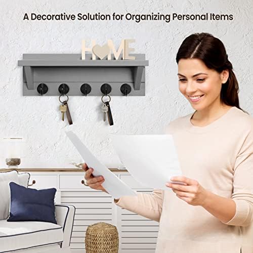 Lwenki Wall Key Holder with Shelf, Rustic Shelf with Hooks Made of Paulownia Wood Holds Keys, Dog Leash, Bags and More - 13.7" W x 4.7" H x 3.5" D Decorative Key Hanger and Entryway Shelf (Gray) - Image 5