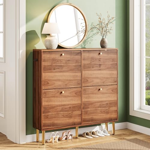 Nicetree Shoe Storage Cabinet for Entryway - 4 Flip Drawers Shoe Cabinet with Tiered Fluted Design - Slim Shoe Storage Rack with Gold Legs - Narrow Shoe Cabinet Hidden Shoe Organizer for Small Spaces by Nicetree