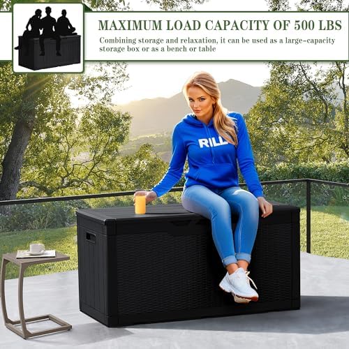 Greesum 100 Gallon Resin Deck Box Large Outdoor Storage, Imitation Rattan Weave Texture for Patio Furniture, Garden Tools, Pool Supplies, Weatherproof and UV Resistant, Lockable, Dark Black - Image 4