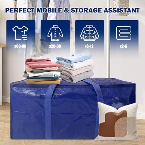 8 Pack Extra Heavy Duty Large Moving Bags with Strong Zipper & Carrying Handles, Sturdy Clothes Storage Bags Totes Bins, Packing Bag Move Boxes College Moving Supplies, Dark Blue - 24 gal - Image 6