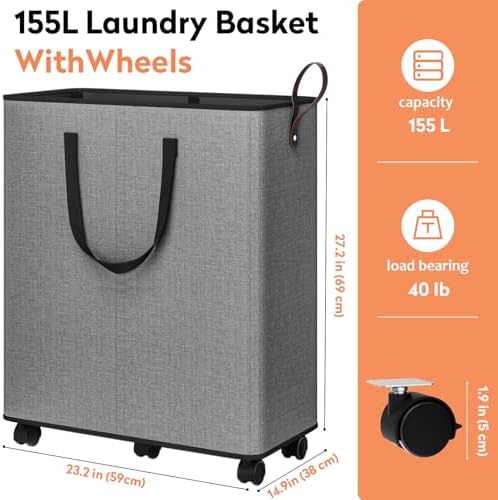SpaceTrove Rolling Laundry Basket with Wheels, Laundry Hamper, 155L, Grey - Image 2