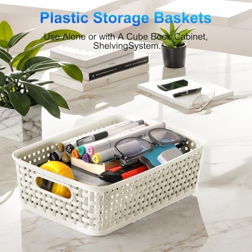 FUCDTEFC White Plastic Basket, 8 Pack Home Organization and Storage Baskets with Handles, Space Saving Woven Organizer Bins Plastic Storage Basket for Organizing Cabinets,Closets, Shelves, Countertops - Image 7