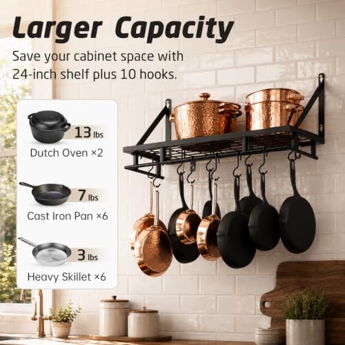 KES 24 Inch Kitchen Pot Pan Rack Wall Mounted, 10 Hooks, Matte Black - Image 2
