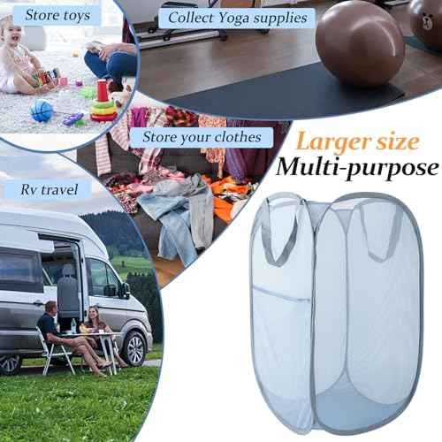 Upgraded 100L Extra Large Collapsible Laundry Baskets, 2 Pack XL Mesh Pop Up Laundry Hamper with Handles, Portable Travel Laundry Basket, Foldable Hamper. Grey. 2V - Image 4