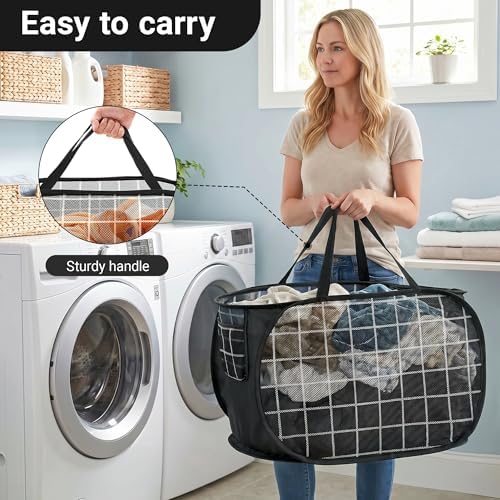 Collapsible Laundry Baskets with Side Pocket, Mesh Pop Up Clothes Hamper for Laundry, Foldable Laundry Basket Storage Hamper with Reinforced Handles for Clothes, Toys, Home, Dorm -Grid Print, Black - Image 6