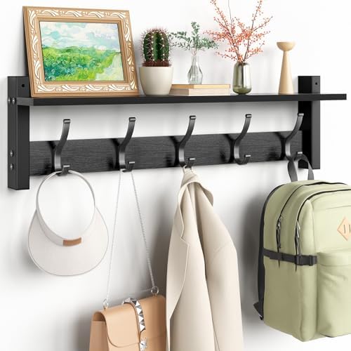 Optish Coat Rack Wall Mount with Shelf, 24 Inch Coat Hanger Walls Mounted, Hat Rack for Walls, Shelf with 5 Coat Hooks, Wall Hanger for Entryway (Black) by Optish