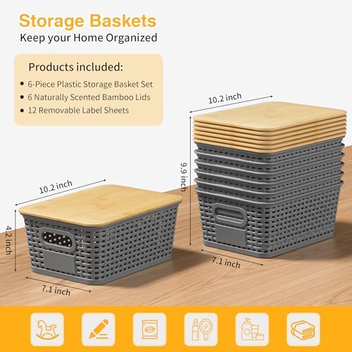 6 Pack Plastic Storage Baskets,Gray bamboo lid storage Box - Image 3