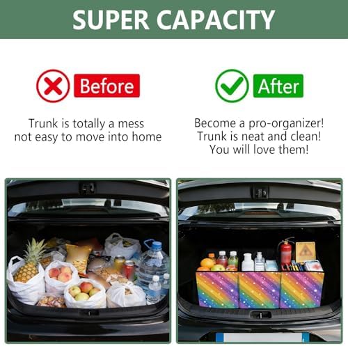 Trunk Organizer Collapsible Car Organizer with Handle Car Storage Box Bin for Groceries SUV Utility Tote Bag Portable Vehicle Container Stars and Vibrant Rainbow Stripes - Image 4