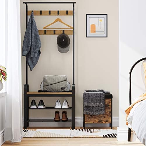 VASAGLE Coat Rack, Hall Tree with Shoe Bench, 4-in-1, 9 Removable Hooks - Image 3