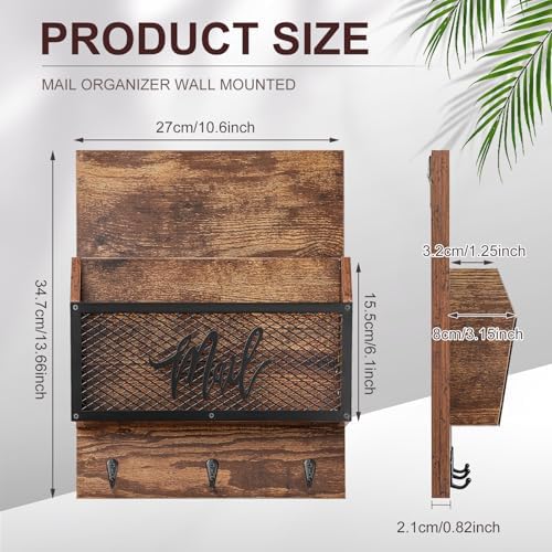 Yalikop Farmhouse Mail Organizer Wall Mounted Rustic Mail Holder Hanging Key Sorter with 3 Hooks Indoor Wooden Wall Mounted, Letter, Magazines, Newspapers, Keys(Classics,Brown) - Image 2