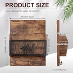 Yalikop Farmhouse Mail Organizer Wall Mounted Rustic Mail Holder Hanging Key Sorter with 3 Hooks Indoor Wooden Wall Mounted, Letter, Magazines, Newspapers, Keys(Classics,Brown) - Image 2