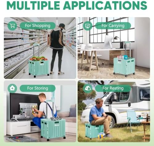 Folding Utility Cart with Lid, Portable Rolling Crate Handcart Collapsible Shopping Trolley, Durable Plastic Foldable Tool Basket with 4 Rotate Wheels for Grocery, Office, Luggage, School - Cyan - Image 6