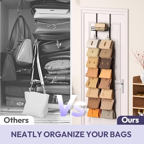 SWTYMIKI Over the Door Purse Organizer - Wall Mounted Handbag Organizer with 16 Hooks and Metal Basket, Hanging Purse Storage Rack Holds up to 16 Bags, Bag Rack Can Use As 1/2 Part, for Door, Closet - Image 4