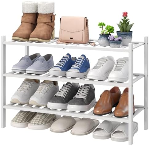 viewcare White Shoe Rack, 3-Tier Bamboo Wood Shoe Rack for Closet, Entryway & Hallway, and Stackable Shoe Shelf Storage Organizer for Indoor and Outdoor by VIEWCARE