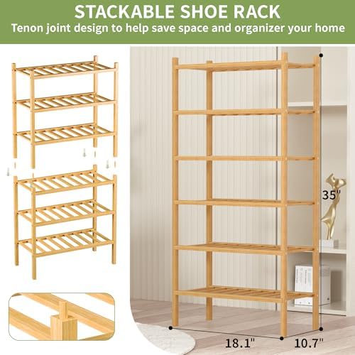 ROMGUAR CRAFT 6-Tier Bamboo Small Shoe Rack, Free Standing Wood Shoe Shelf Storage Organizer for Closet Entryway Stackable (Natural) - Image 3