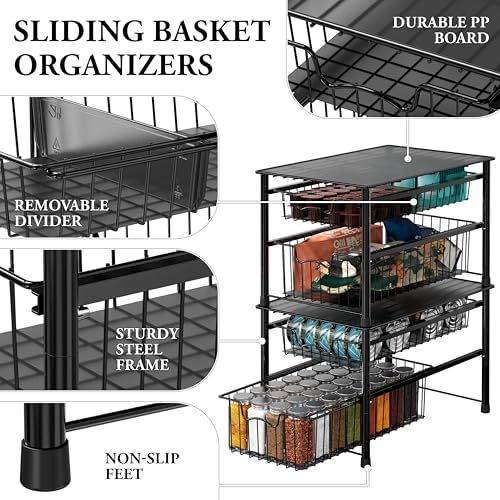 Simple Houseware Stackable Sliding Basket Organizer Drawer, Black, 2-Tier - Image 4