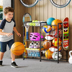 Sports Equipment Organizer, Ball Storage Rack with Elastic Straps and Removable Basket for Garage Organization, Garage Organizer with Hooks for Toy Sports Gear Storage, Sports Ball Storage Cart, Black - Image 6