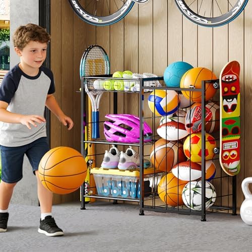 Sports Equipment Organizer, Ball Storage Rack with Elastic Straps and Removable Basket for Garage Organization, Garage Organizer with Hooks for Toy Sports Gear Storage, Sports Ball Storage Cart, Black - Image 6