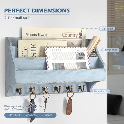 Rebee Vision Mail Organizer Wall Mounted with 6 Key Hooks for Home, Blue - Image 4