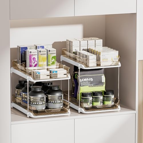 Delamu 2-Tier Multi-Purpose Bathroom Under Sink Organizers and Storage, Stackable Kitchen Pantry Organization, Pull Out Medicine Cabinet Organizer with Movable Dividers, Amber, 2 Pack - Image 4