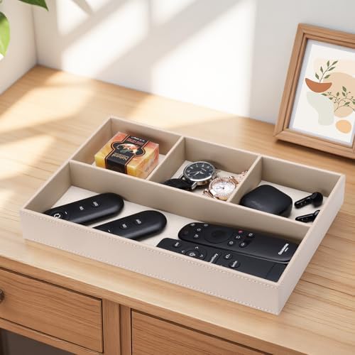 GORESE PU Leather Valet Tray, Stackable Jewelry Trays for Dresser, Drawer Nightstand Organizer Bedside Trays for Men Women, Entryway Desk Catchall Tray for Trinket, Key, Purse, Watch, Cologne, Beige - Image 4