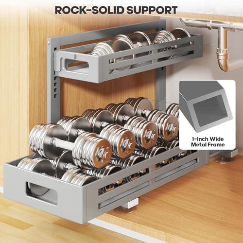 2 Pack 21IN-Depth Under Sink Organizer,Pull Out Cabinet Organizer With Smooth Cylindrical Rail,Metal Slide Out Drawer for Kitchen Bathroom Laundry,8-Level Tool Free Height Adjustable-Gun Gray - Image 3