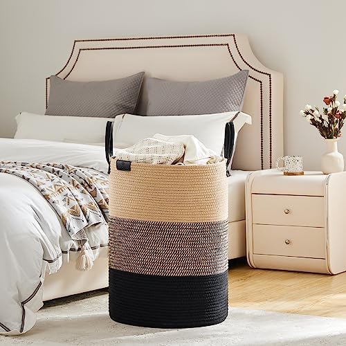VIPOSCO 100L Tall Woven Rope Laundry Hamper, Leather Handles, Brown & Black - Image 4