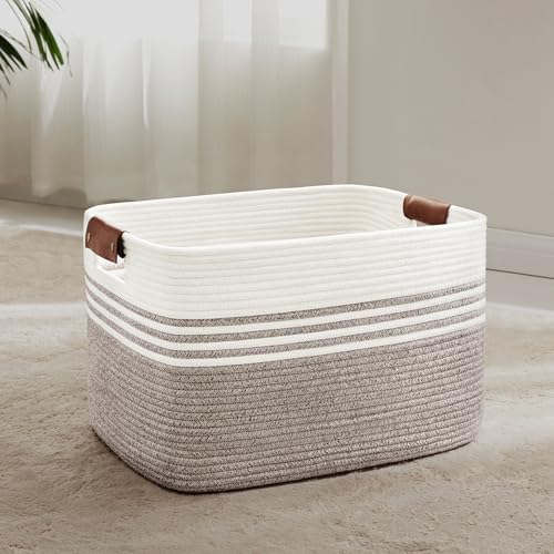 60L Woven Laundry Basket Hamper with Leather Handles,Dark Brown by SunNewt