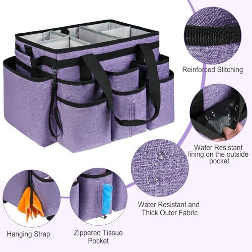Large Rolling Cleaning Caddy Bag with Detachable Trolley,Cleaning Cart on Wheels with Shoulder Strap,Cleaning Supplies Organizer for Housekeepers,Purple - Image 4