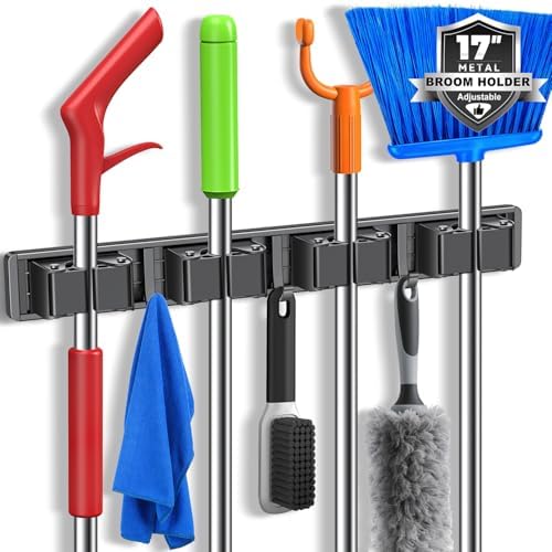 Broom Holder Wall Mount, Mop and Broom Hanger Wall Mount for Organizing and Storing Items in Household Kitchens, Gardens, Laundries (4 Racks & 3 Hooks, Grey) by Unknown