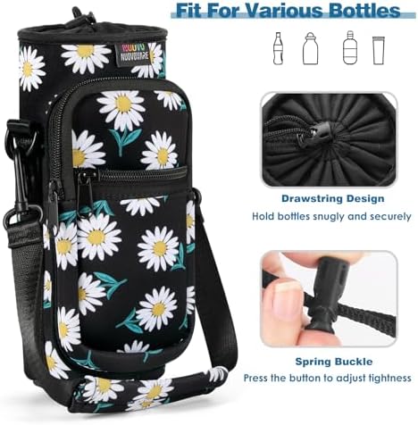 Nuovoware Water Bottle Carrier Bag, 25oz/32oz Bottle Pouch Holder, Adjustable Shoulder Hand Strap 2 Pocket Sling Neoprene Sleeve Sports Accessories for Hiking Travelling Camping, BlackDaisy - Image 5