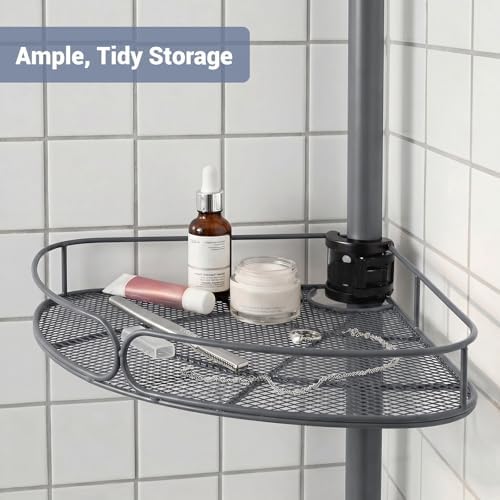 Standing Shower Caddy Corner, 4-Tier Adjustable Height Bathroom Organizer, 6-Section Pole, Sturdy Floor Standing Shelf for Shower – No Drilling, No Spring Tension (Gray) - Image 4