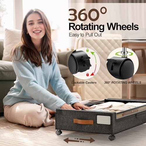 LAMU Under Bed Storage Containers with Wheels, 2 Pack, Hemp Grey | Smooth-rolling Wheels, Clear Lid & Label, Sturdy Metal Frame, Easy Install, Rolling Storage Drawers for Clothes, Shoes, Toys - Image 4