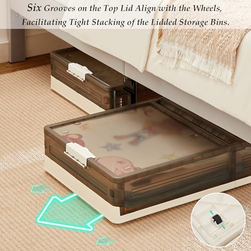 VECELO Under Bed Storage with Wheels, 2 Pack Stackable Under Bed Storage Containers, Underbed Storage Containers with Lids, Plastic Foldable Folding Box for Clothes Shoes, Grey - Image 3