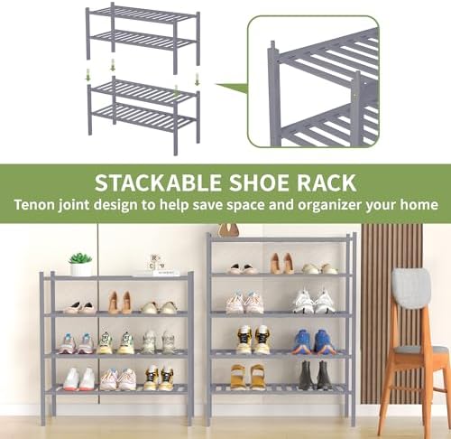 ROMGUAR CRAFT 4 Tier Bamboo Shoe Rack for Closet Free Standing Wood Shoe Shelf for Entryway Small Space Stackable 27"x11"x26" (Grey) - Image 5