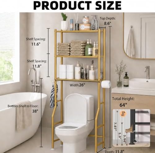 GloTika 3-Tier Over Toilet Storage, Anti-Tilt, 64" H, Gold - Image 6