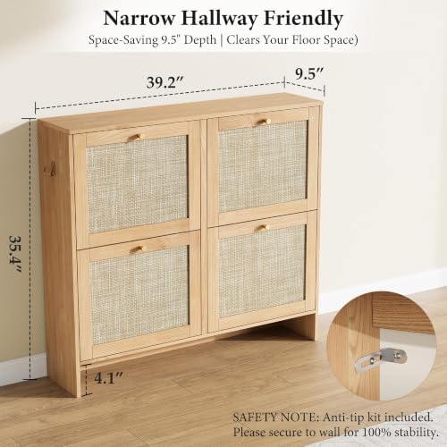 Nicetree Modern Rattan Shoe Cabinet, 4 Flip Drawers & Adjustable Shelves, Ultra Slim Freestanding (9.5” Deep), Holds 24+ Pairs, Narrow Shoe Storage Cabinet with Anti-Tip Safety,Sun-Drenched Ambe - Image 2
