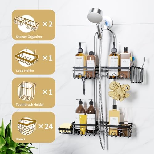 KEGII Shower Caddy Hanging for Handheld Showerheads, Rustproof Hanging Shower Organizer with Soap Dish, Toothbrush Holder and Hooks, Over Showerhead Caddy for Bathroom - Image 4