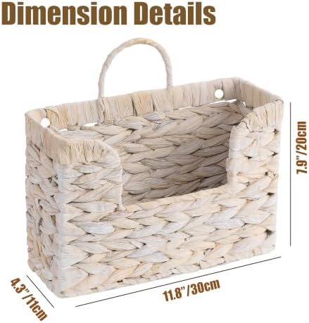PINXIURY Magazine Holder Wall Basket Water Hyacinth Woven Mail Organizer, Wicker Wall Hanging Baskets for Magazines, Letters & Storage Decorative Mail Holder, Magazine Rack, Hanging Basket, Whitewash - Image 2